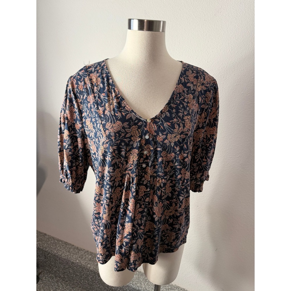 Lucky Brand Womens Large Navy Peach Floral V Neck Button Front Top Blouse